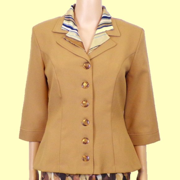BRIOCHE size 7/8 tan 3/4-sleeve blazer with button-in dickie 100% polyester - Picture 1 of 15